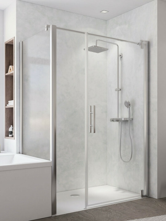 Breuer Europa Design Eck-Duschkabine Drehtür mit Nebenteil und Badewannenseitenwand